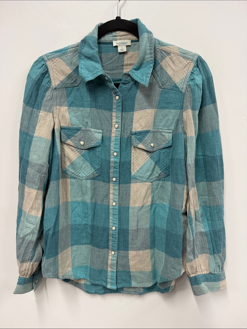 Sundance Teal & Cream Plaid pearl Snap-Front Shirt S